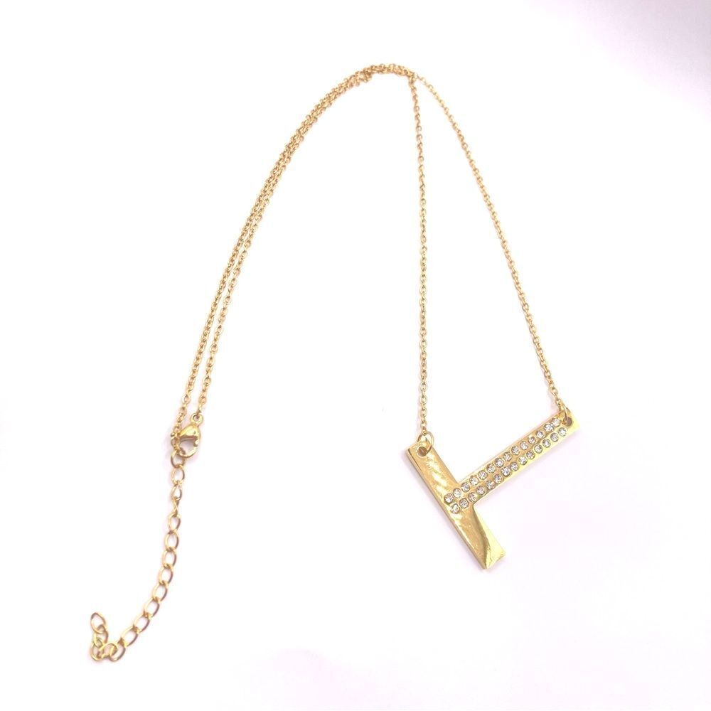 Gold Chain Statement Necklace Rhinestone Initial T Pendant Necklace